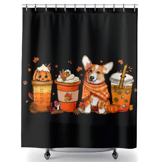 Fall Coffee with Corgi Pumpkin Spice Latte Lovers Shower Curtains