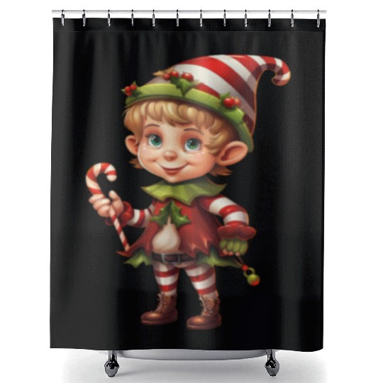 Christmas Elf Candy Cane X-Mas Pajamas Party Shower Curtains