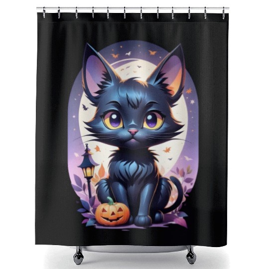 Black Cat With a jack-o-lantern Halloween Design Shower Curtains