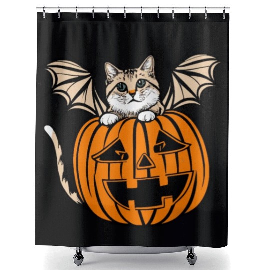 Cute Creepy Cat With Bat Wings Funny Halloween Shower Curtains