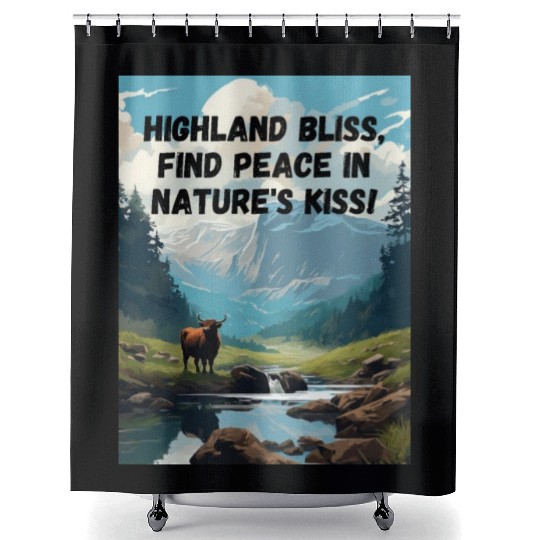 Highland Mountain Landscape with a highland cow Shower Curtains