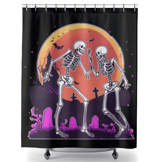"Skeletal Dance-Off Under Neon Moon" Shower Curtains