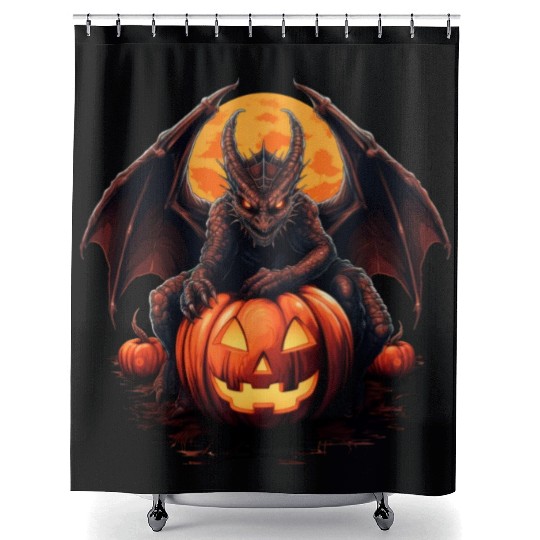 Halloween demon dragon with pumpkin Shower Curtains