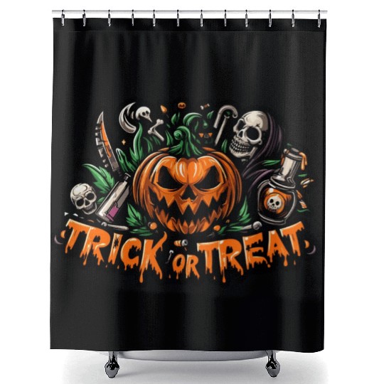 trick or treat halloween pumpkin horror face Shower Curtains