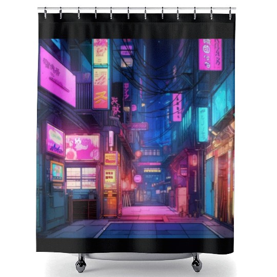 Anime-Inspired Tokyo Street Digital Art - Vibrant Shower Curtains