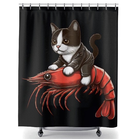 Cat rides shrimp Shower Curtains