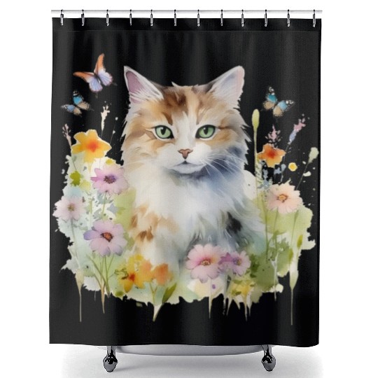 CAT Watercolor Flowers Butterflies Shower Curtains