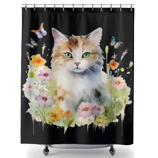 CAT Watercolor Flowers Butterflies Shower Curtains