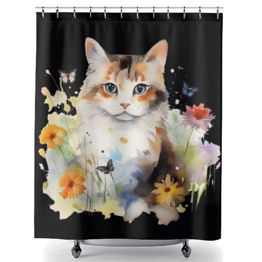 Watercolor Cat Flowers & Butterflies Shower Curtains