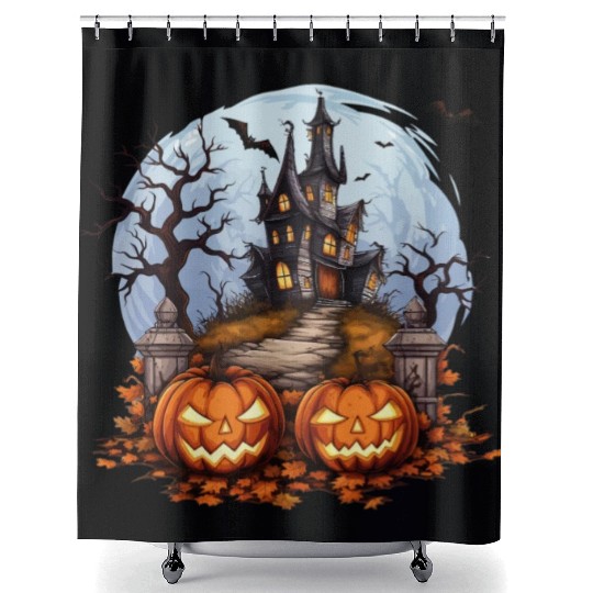 Spooky Haunted House Halloween Pumpkin Bat Shower Curtains