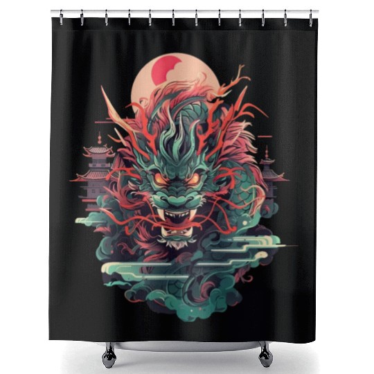 Tokyo Asia 80s Japanese Retro Dragon Dragon Shower Curtains