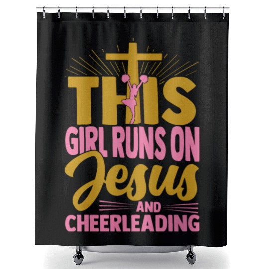This Girl Runs On Jesus And Cheerleading Cheerlead Shower Curtains
