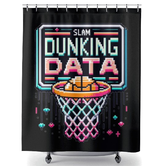 Slam Dunking Data - Retro 8-bit Basketball Hoop Shower Curtains