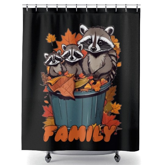 Autumn Trash Bin Adventure - Cute Raccoon Family Shower Curtains