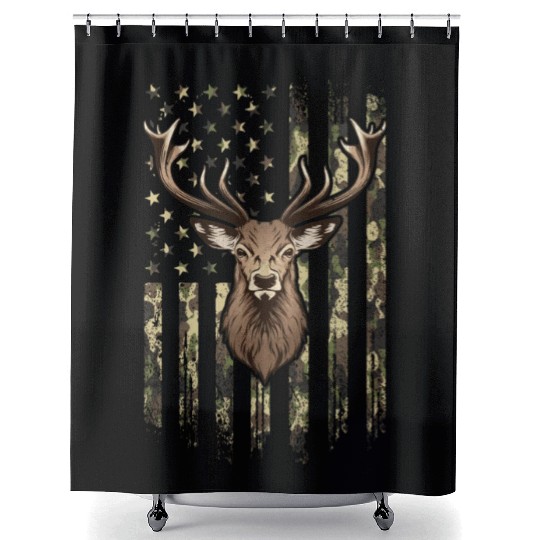 Deer Whitetail Buck American Camo Us Flag Deer Shower Curtains