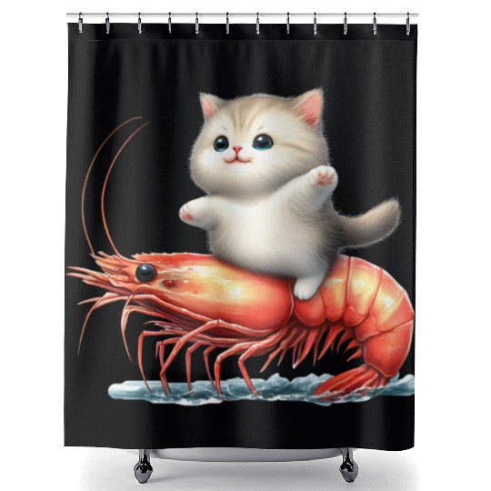 Cat rides on shrimp Shower Curtains