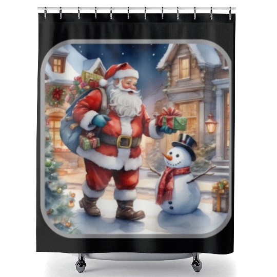 Santa Claus and a snowman distributes gifts. Shower Curtains
