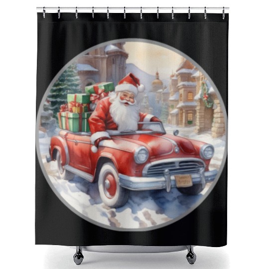 Santa Claus rides in a convertible car Shower Curtains