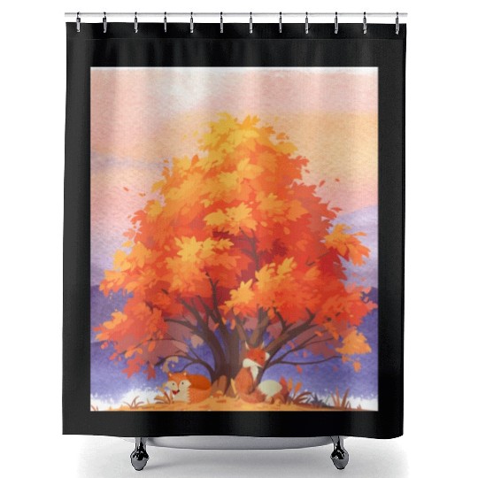 Autumn Serenity - Watercolor Foxes Under The Tree Shower Curtains