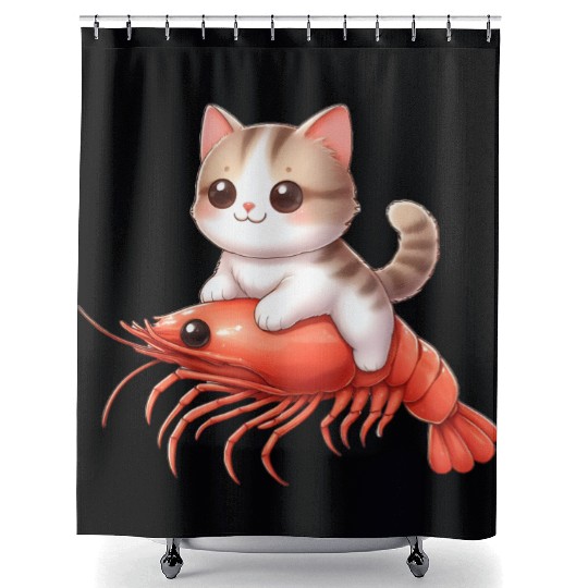 Cat rides on shrimp Shower Curtains