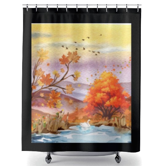 "Autumn Serenity by the Lake - Watercolor Swan" Shower Curtains