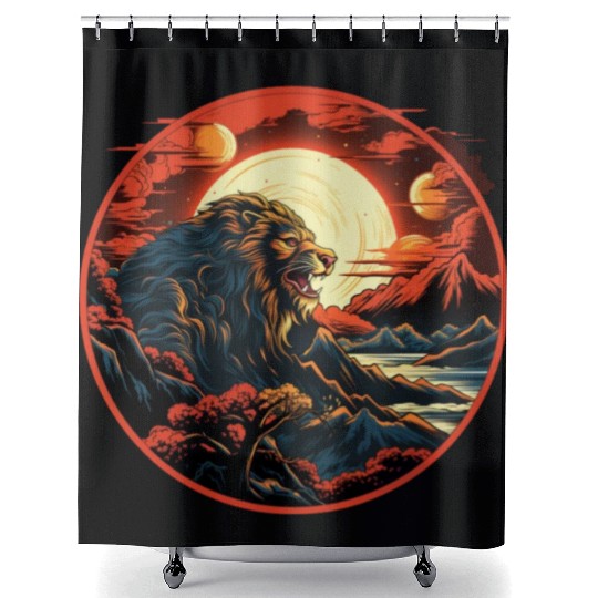 Red Japanese Style Mountain Lion Art Shower Curtains