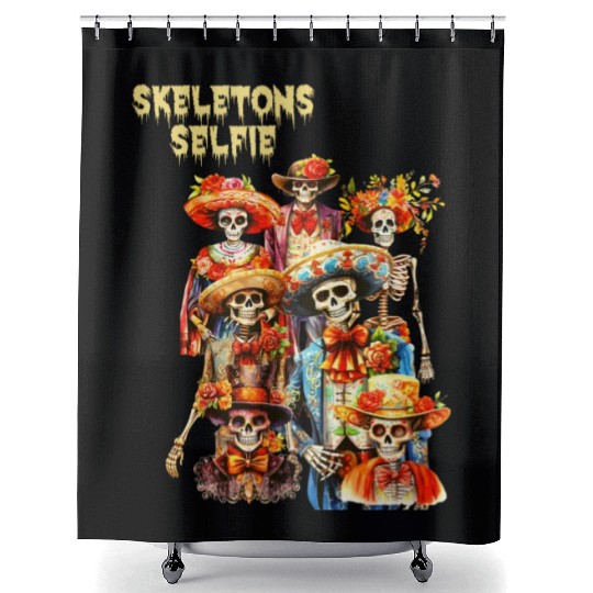 Mexican Holiday Day of the Dead Skeletons Selfie Shower Curtains