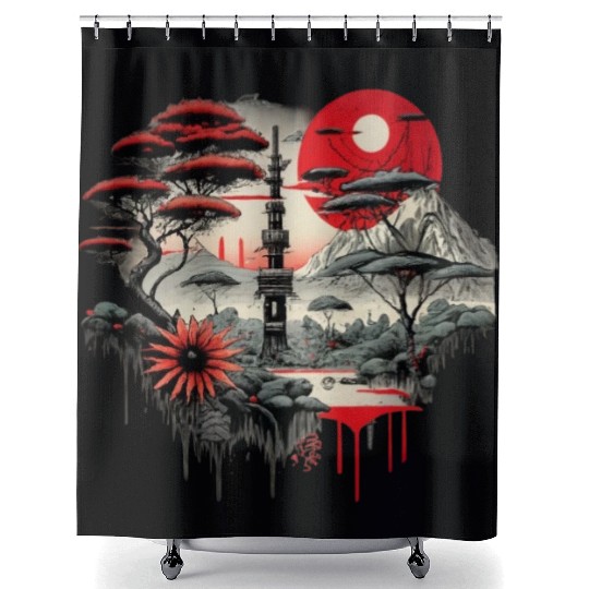 Japanese style artwork with a temple and sun Shower Curtains