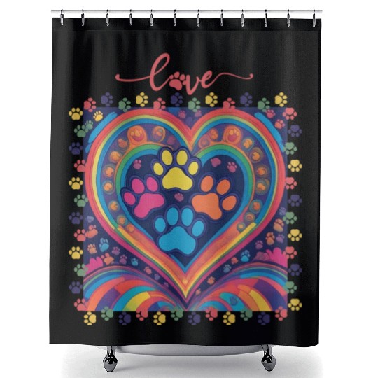 Rainbow Heart Love paw prints Shower Curtains