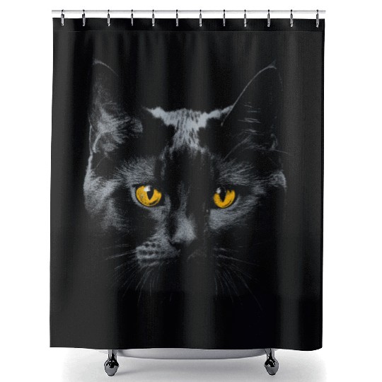 Black Cat Face Yellow Eyes Cat Halloween Costume B Shower Curtains