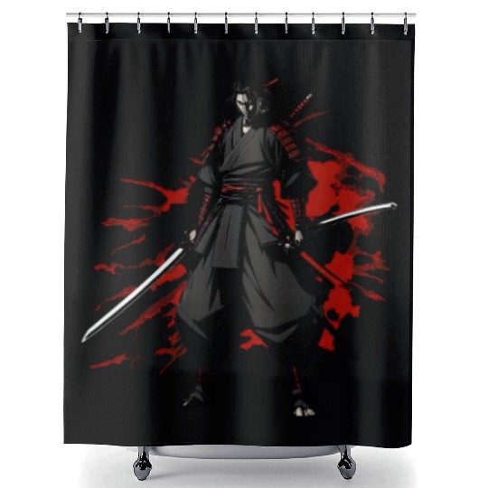 Anime Samurai Hero in Black Kimono Shower Curtains