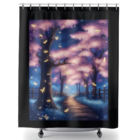 Fireflies In Cherry Blossom Trees Shower Curtains
