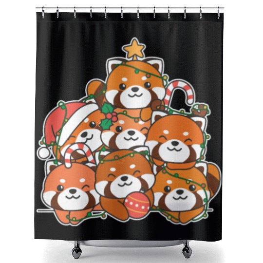 Red Panda Christmas Tree Funny Animal Shower Curtains