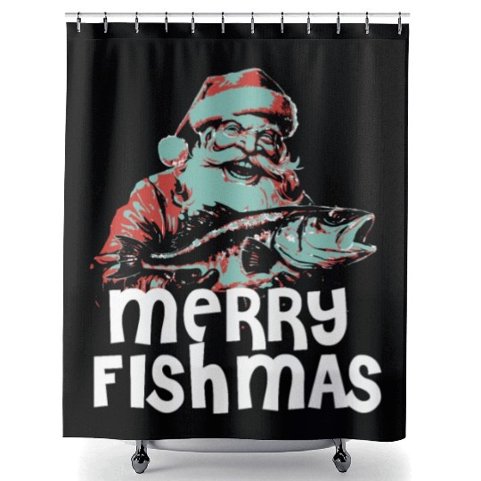 Funny Santa Claus Fishing Merry Fishmas Christmas Shower Curtains