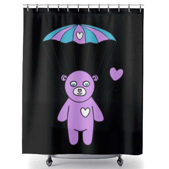 Cheerful Purple Teddy bear with a Heart Balloon Shower Curtains