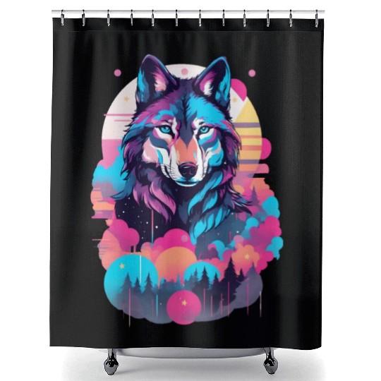 Vaporwave Wolf Shower Curtains - Neon Blue Eyes