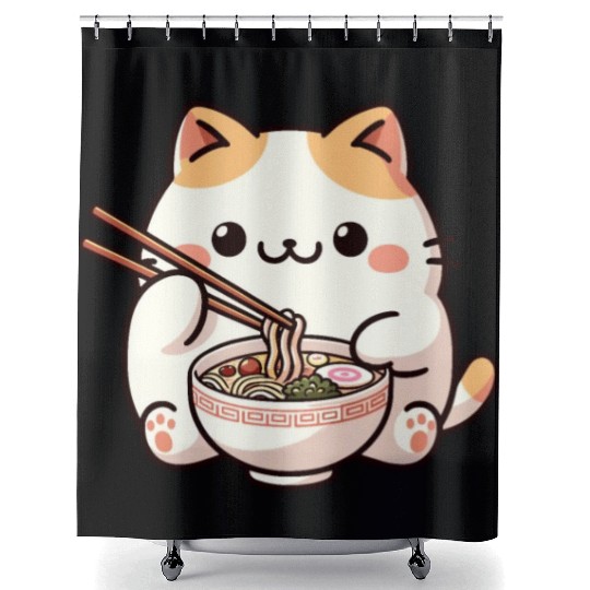 Neko Cat Eating Ramen Noodles Anime Shower Curtains