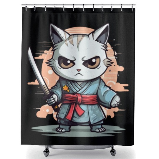 Cute Samurai Cat Kawaii Japanese Ronin Aesthetic A Shower Curtains