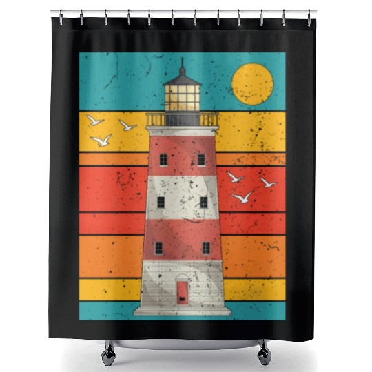 Retro full moon sea gift lighthouse Shower Curtains