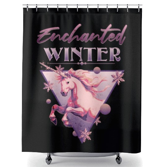 Enchanted Winter 80s Retro Lilac Unicorn Shower Curtains