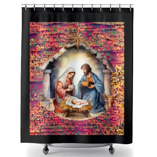 Nativity scene with Mary Joseph Baby Jesus Shower Curtains
