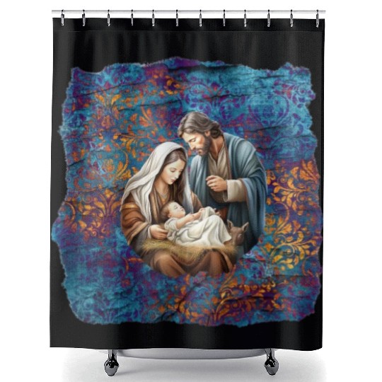 Nativity scene with Mary Joseph Baby Jesus Shower Curtains