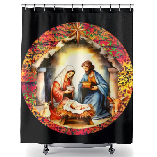 Nativity scene with Mary Joseph Baby Jesus Shower Curtains