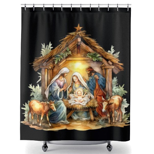Nativity scene with Mary Joseph Baby Jesus Shower Curtains