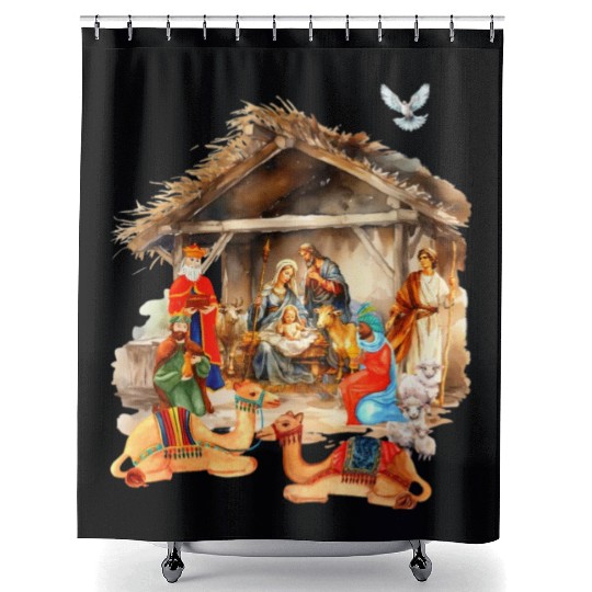 Nativity scene with Mary Joseph Baby Jesus Shower Curtains