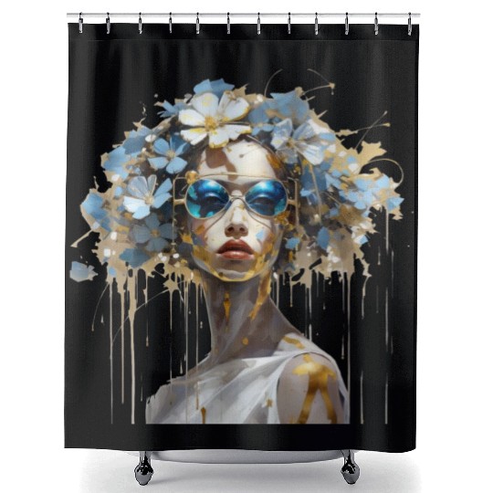 Lady with blue sunglasses Shower Curtains
