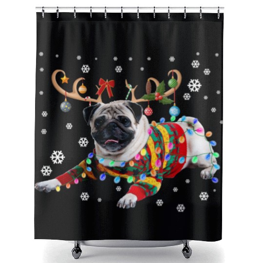 Funny Pug Dog Christmas Reindeer Christmas Lights Shower Curtains