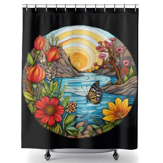 Sunset Whorls over Serene River Shower Curtains