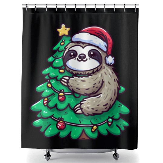 Christmas Sloth - Relaxing on the Christmas Tree Shower Curtains
