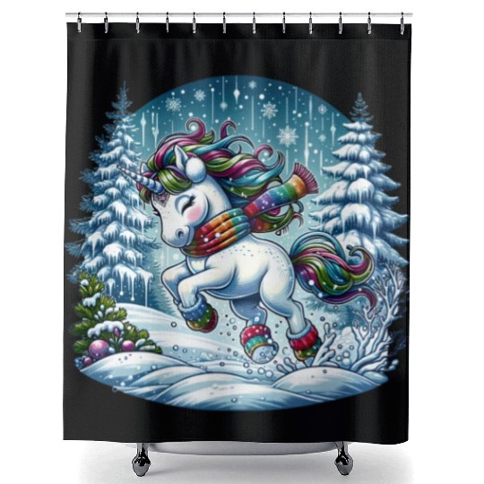 Unicorn in a Winter Wonderland Shower Curtains
